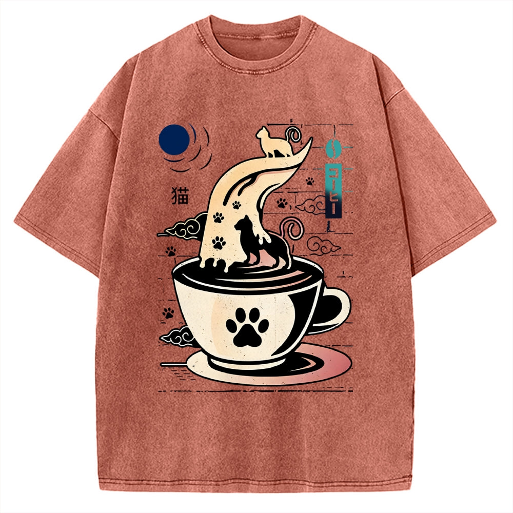 Coffee Night Japanese Cats Vintage Washed T-shirt