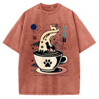 Coffee Night Japanese Cats Vintage Washed T-shirt