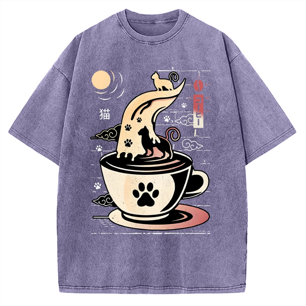 Coffee Night Japanese Cats Vintage Washed T-shirt