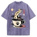 Coffee Night Japanese Cats Vintage Washed T-shirt