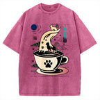 Coffee Night Japanese Cats Vintage Washed T-shirt