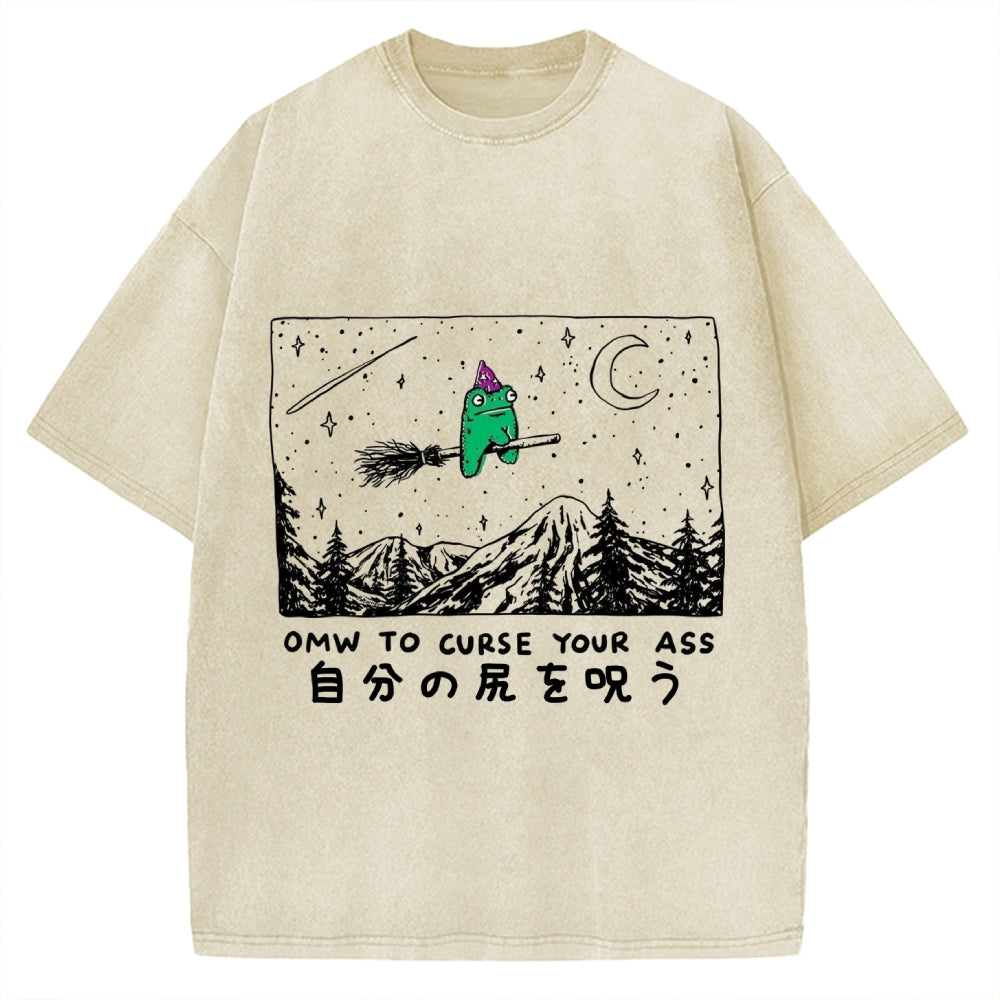 Omw to curse your ass Wizard frog riding a broom Vintage Washed T-shirt