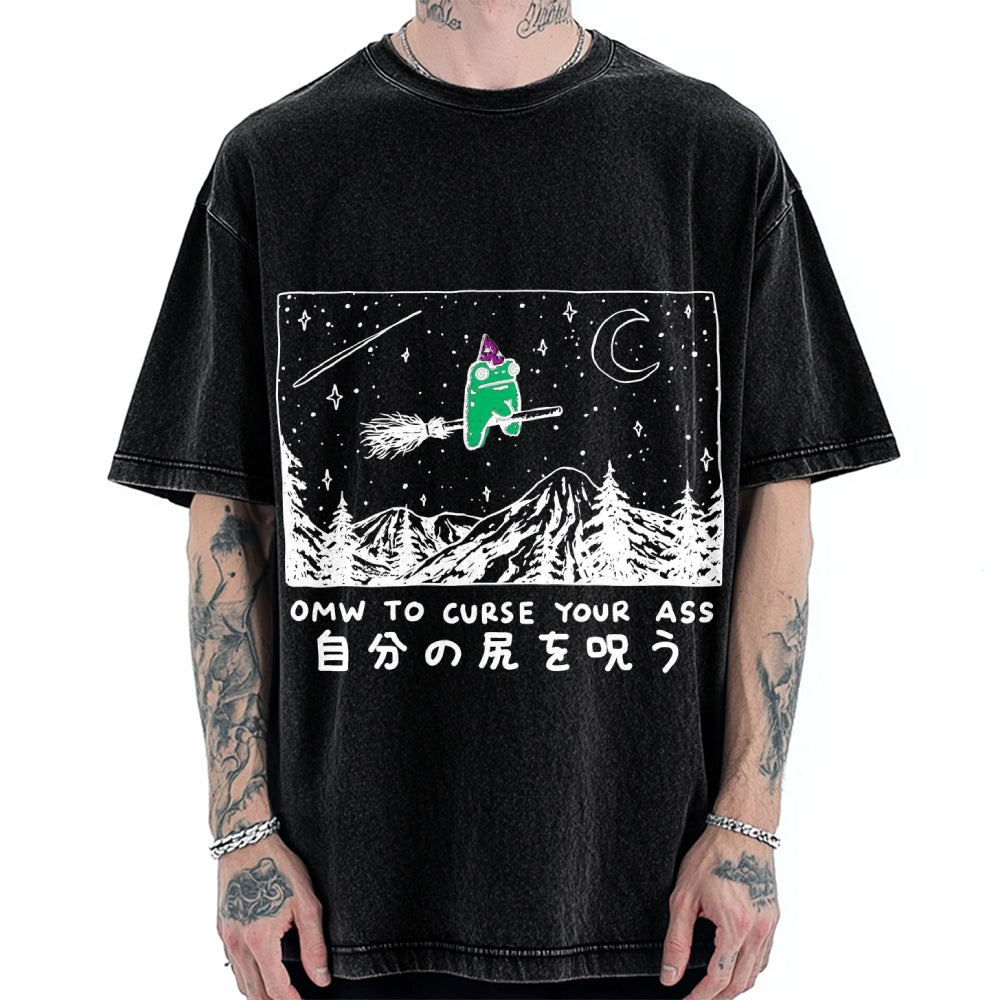 Omw to curse your ass Wizard frog riding a broom Vintage Washed T-shirt