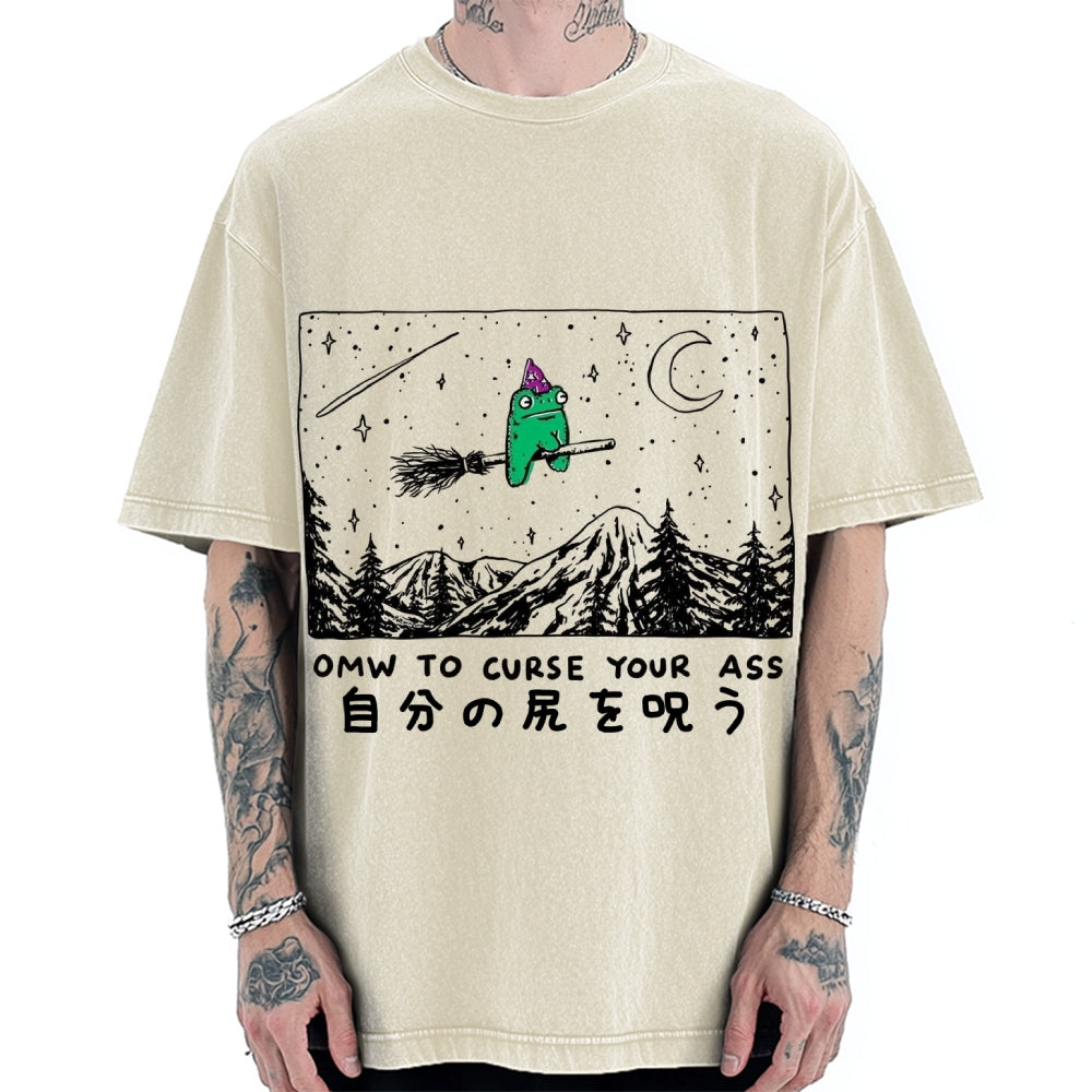 Omw to curse your ass Wizard frog riding a broom Vintage Washed T-shirt