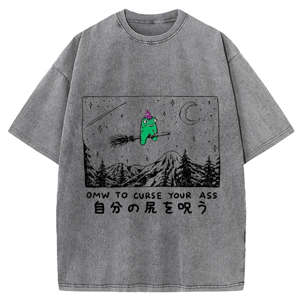 Omw to curse your ass Wizard frog riding a broom Vintage Washed T-shirt