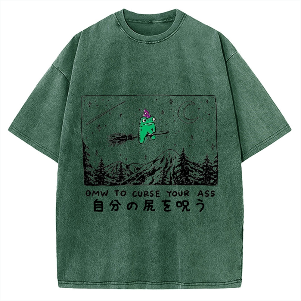 Omw to curse your ass Wizard frog riding a broom Vintage Washed T-shirt
