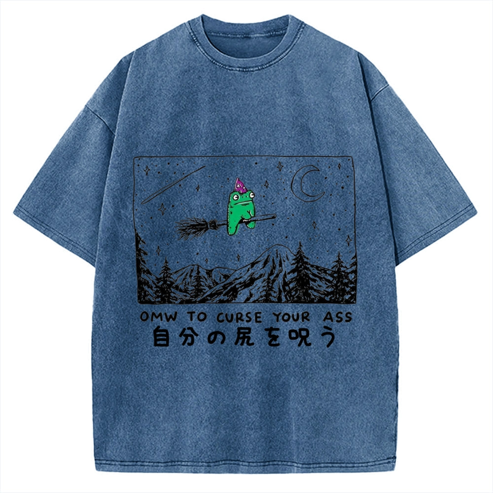 Omw to curse your ass Wizard frog riding a broom Vintage Washed T-shirt