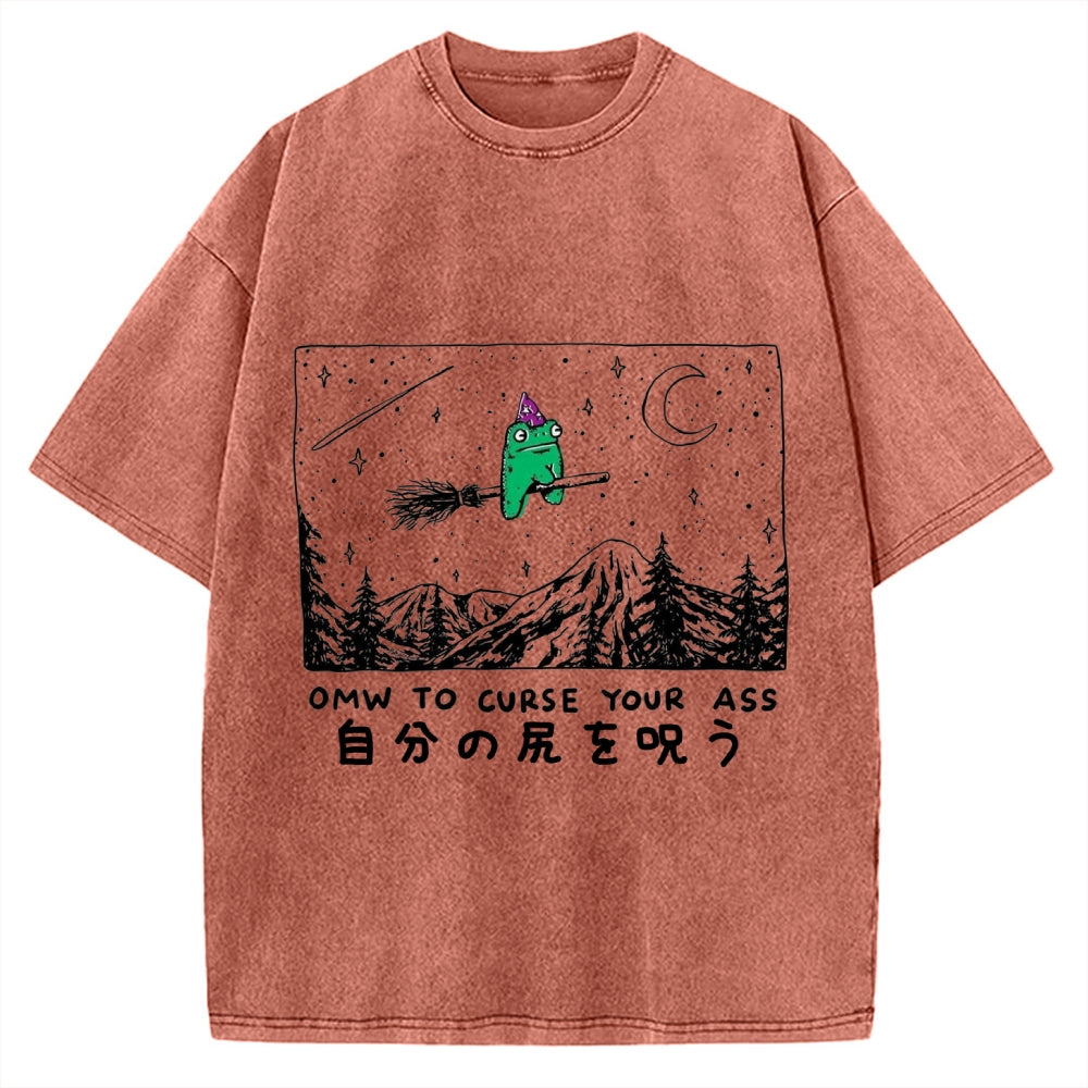Omw to curse your ass Wizard frog riding a broom Vintage Washed T-shirt