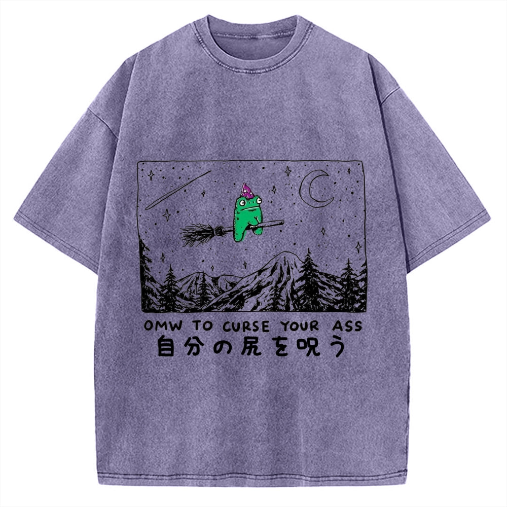 Omw to curse your ass Wizard frog riding a broom Vintage Washed T-shirt
