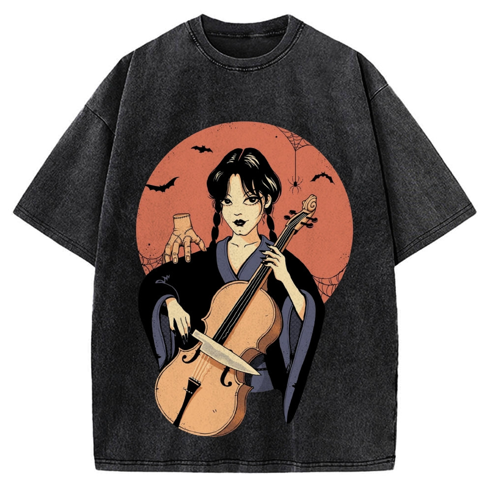Wednesday Girl Horror Anime Style Addams Family Vintage Washed T-shirt