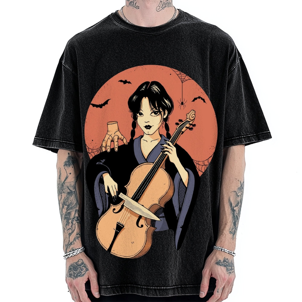 Wednesday Girl Horror Anime Style Addams Family Vintage Washed T-shirt