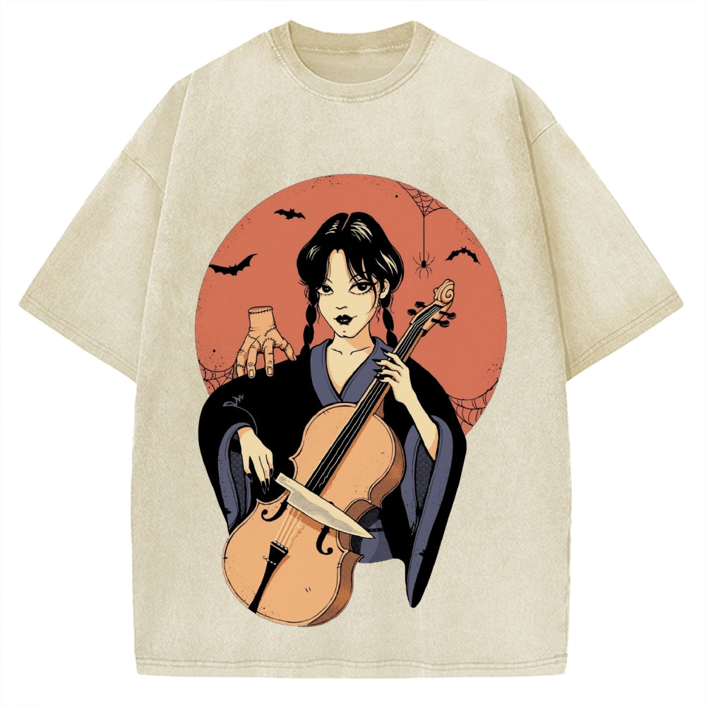 Wednesday Girl Horror Anime Style Addams Family Vintage Washed T-shirt