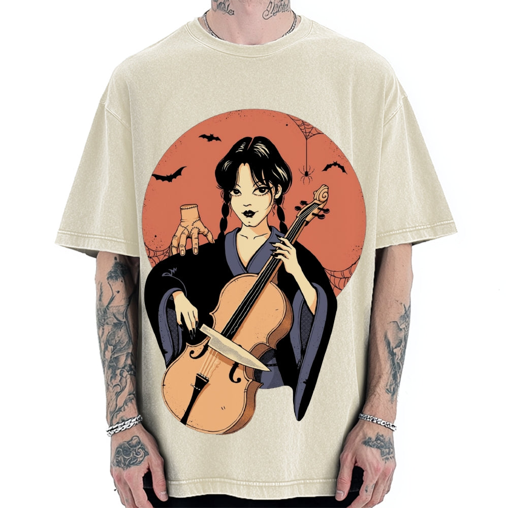 Wednesday Girl Horror Anime Style Addams Family Vintage Washed T-shirt