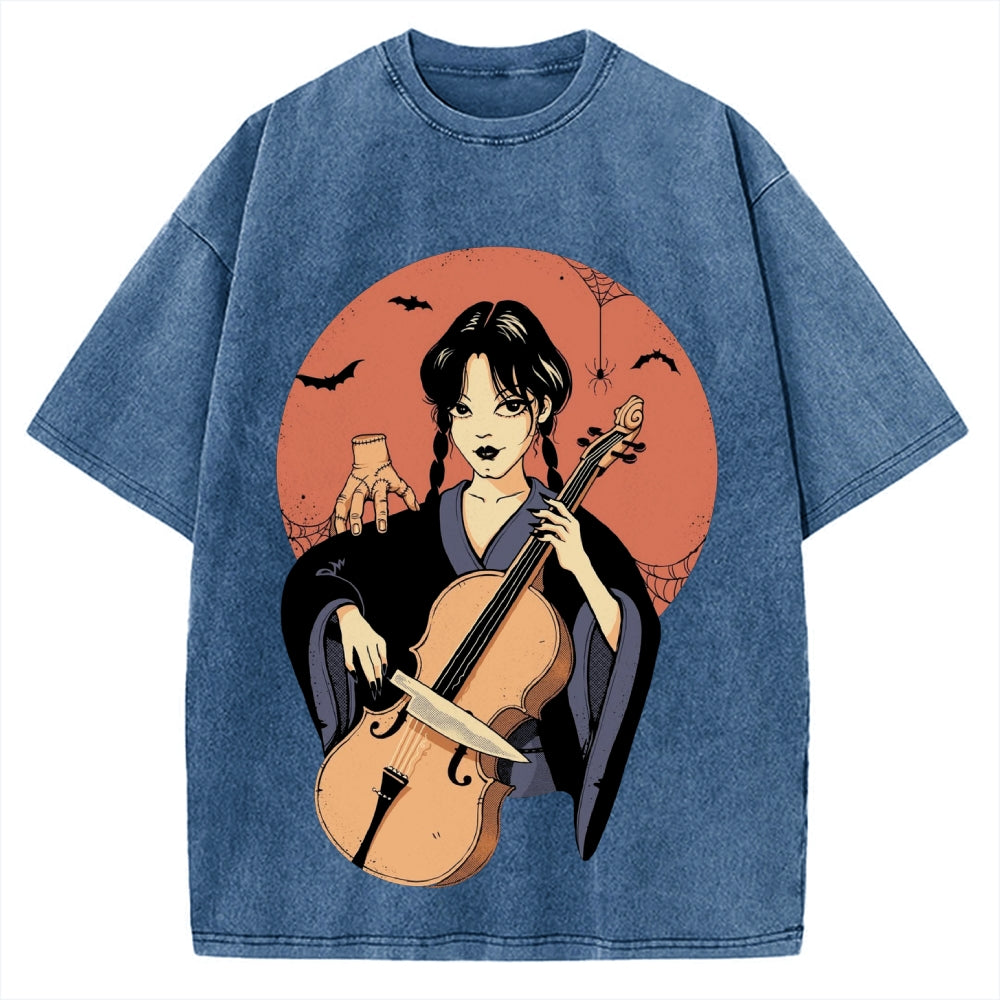 Wednesday Girl Horror Anime Style Addams Family Vintage Washed T-shirt