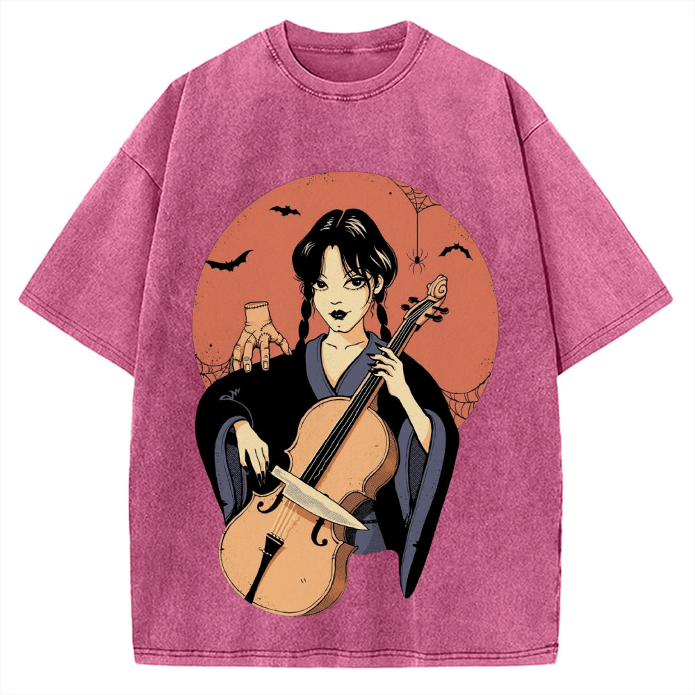 Wednesday Girl Horror Anime Style Addams Family Vintage Washed T-shirt