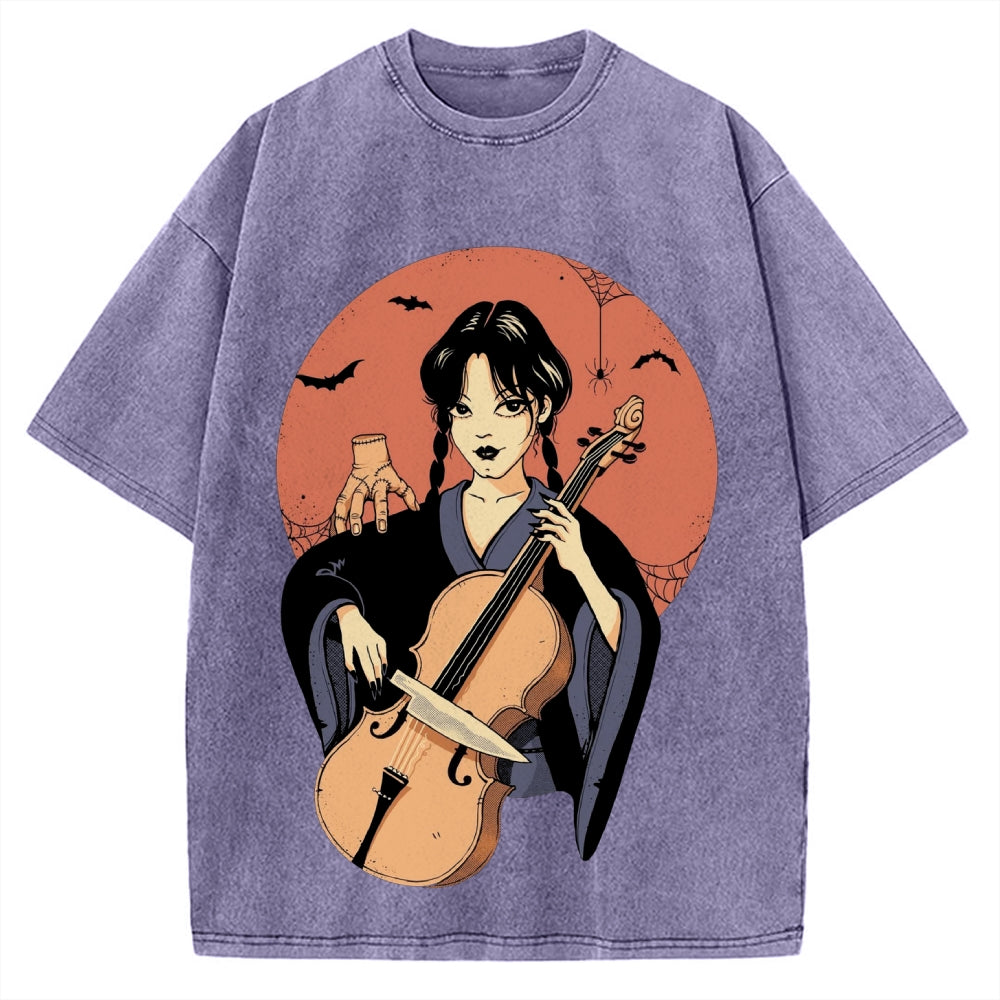 Wednesday Girl Horror Anime Style Addams Family Vintage Washed T-shirt