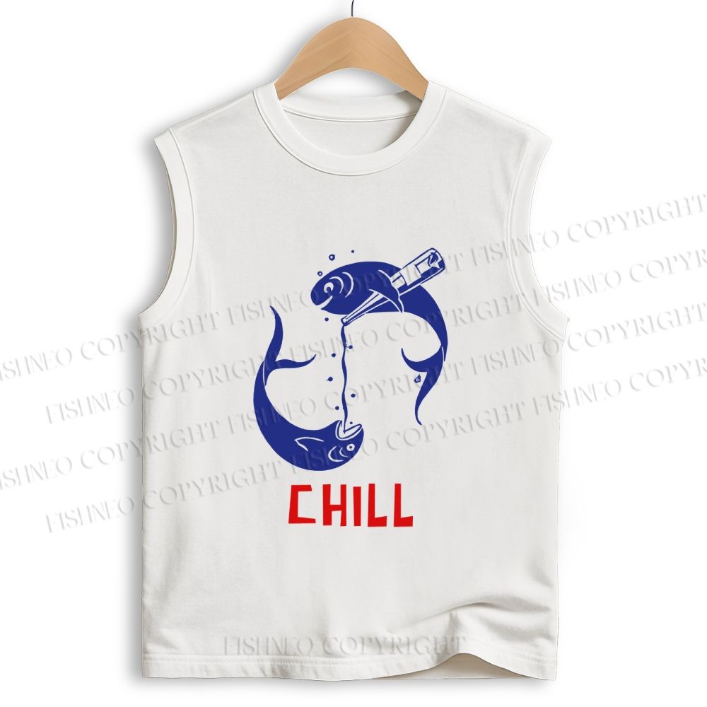 Unisex Chill Drinking Sardine Fish Printed Cotton Tank Top