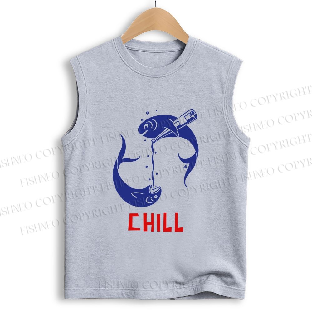 Unisex Chill Drinking Sardine Fish Printed Cotton Tank Top