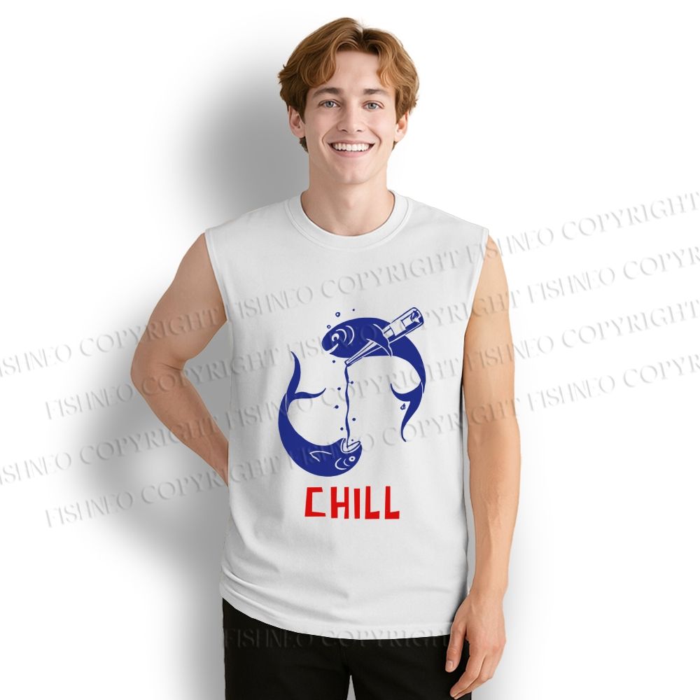 Unisex Chill Drinking Sardine Fish Printed Cotton Tank Top