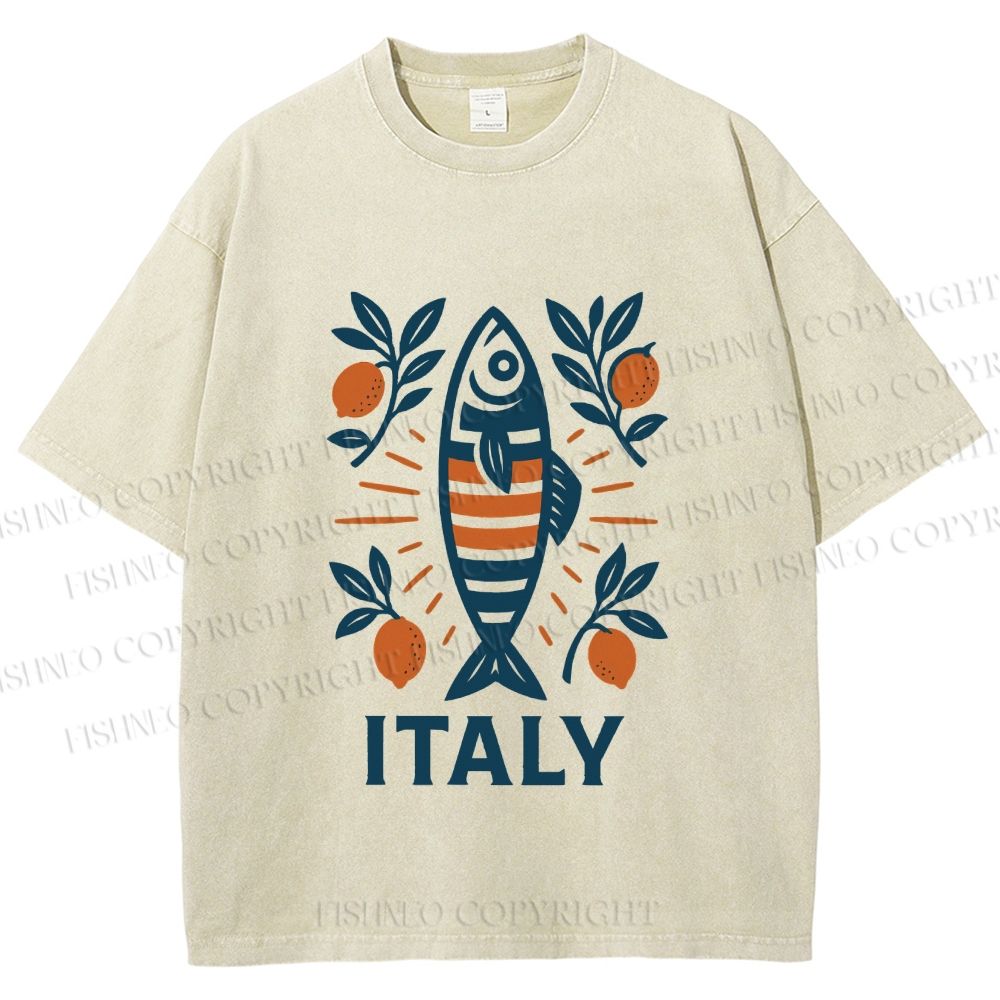 Unisex Vintage Italy Sardine Fish Printed Washed Tee