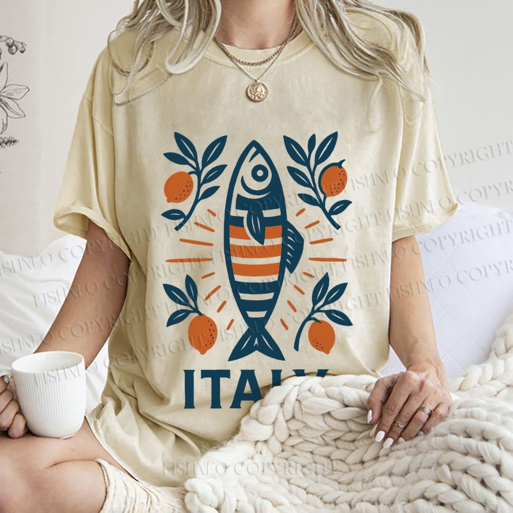 Unisex Vintage Italy Sardine Fish Printed Washed Tee