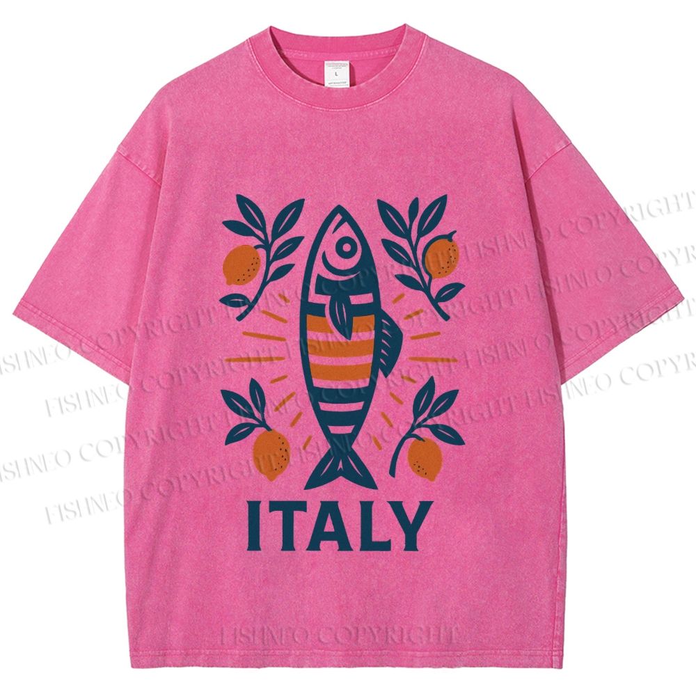 Unisex Vintage Italy Sardine Fish Printed Washed Tee