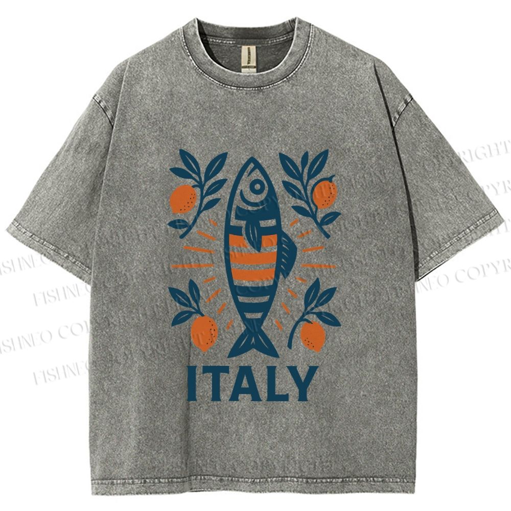 Unisex Vintage Italy Sardine Fish Printed Washed Tee