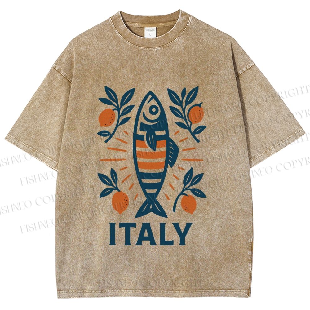 Unisex Vintage Italy Sardine Fish Printed Washed Tee