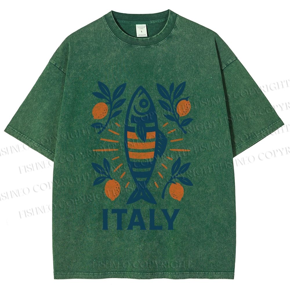 Unisex Vintage Italy Sardine Fish Printed Washed Tee