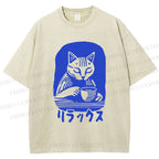 Unisex Vintage Cat Having Coffee Printed Washed Tee