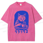Unisex Vintage Cat Having Coffee Printed Washed Tee