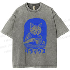 Unisex Vintage Cat Having Coffee Printed Washed Tee