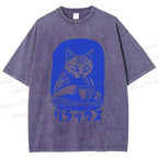 Unisex Vintage Cat Having Coffee Printed Washed Tee
