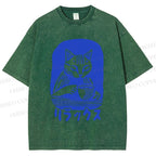 Unisex Vintage Cat Having Coffee Printed Washed Tee