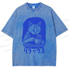 Unisex Vintage Cat Having Coffee Printed Washed Tee