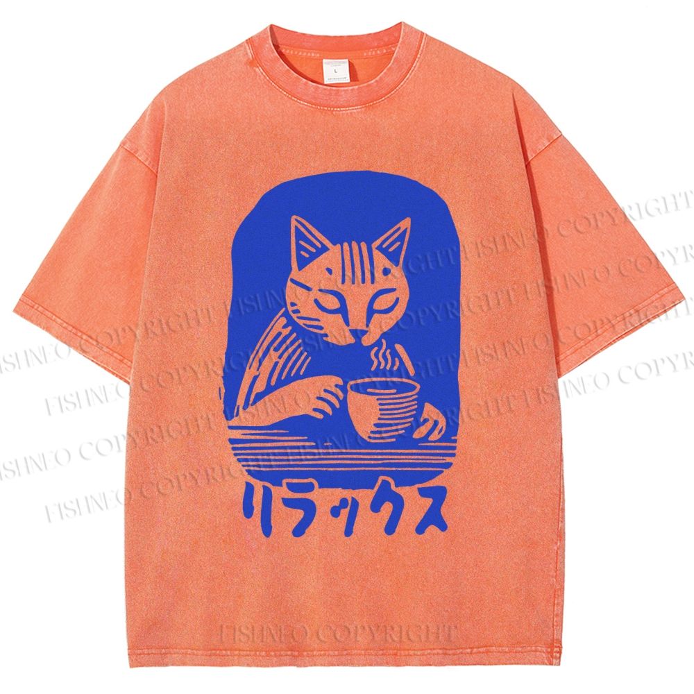 Unisex Vintage Cat Having Coffee Printed Washed Tee