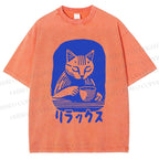 Unisex Vintage Cat Having Coffee Printed Washed Tee
