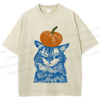 Unisex Vintage Cat Pumpkin Printed Washed Tee