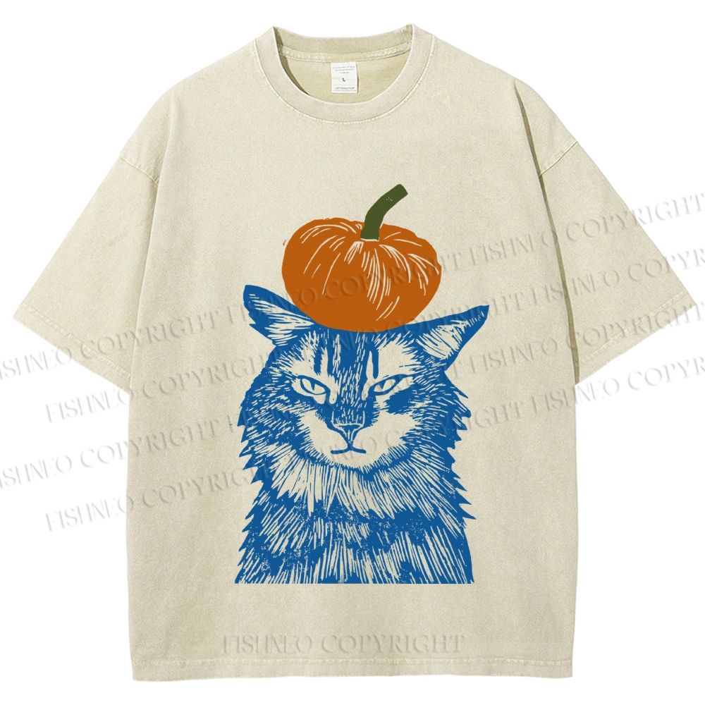 Unisex Vintage Cat Pumpkin Printed Washed Tee