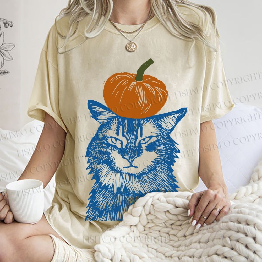 Unisex Vintage Cat Pumpkin Printed Washed Tee