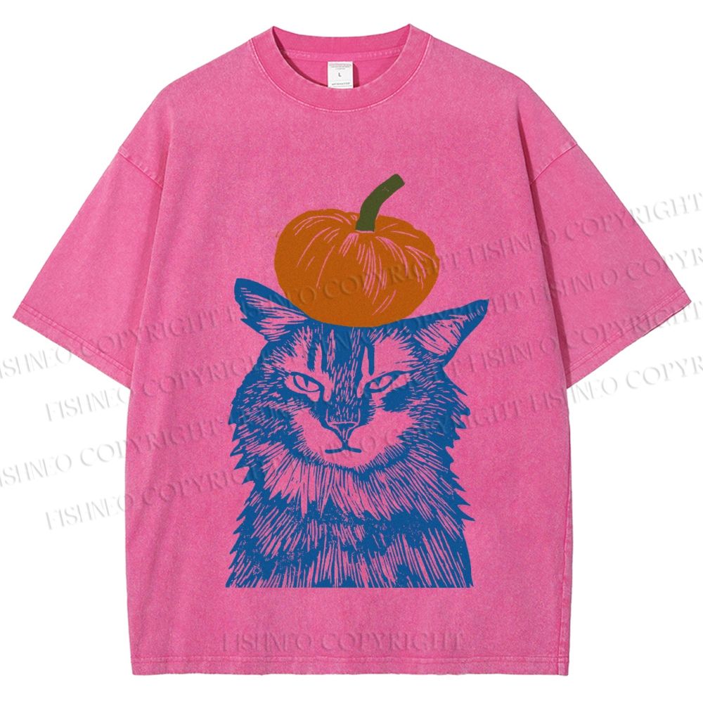 Unisex Vintage Cat Pumpkin Printed Washed Tee