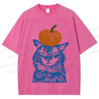 Unisex Vintage Cat Pumpkin Printed Washed Tee