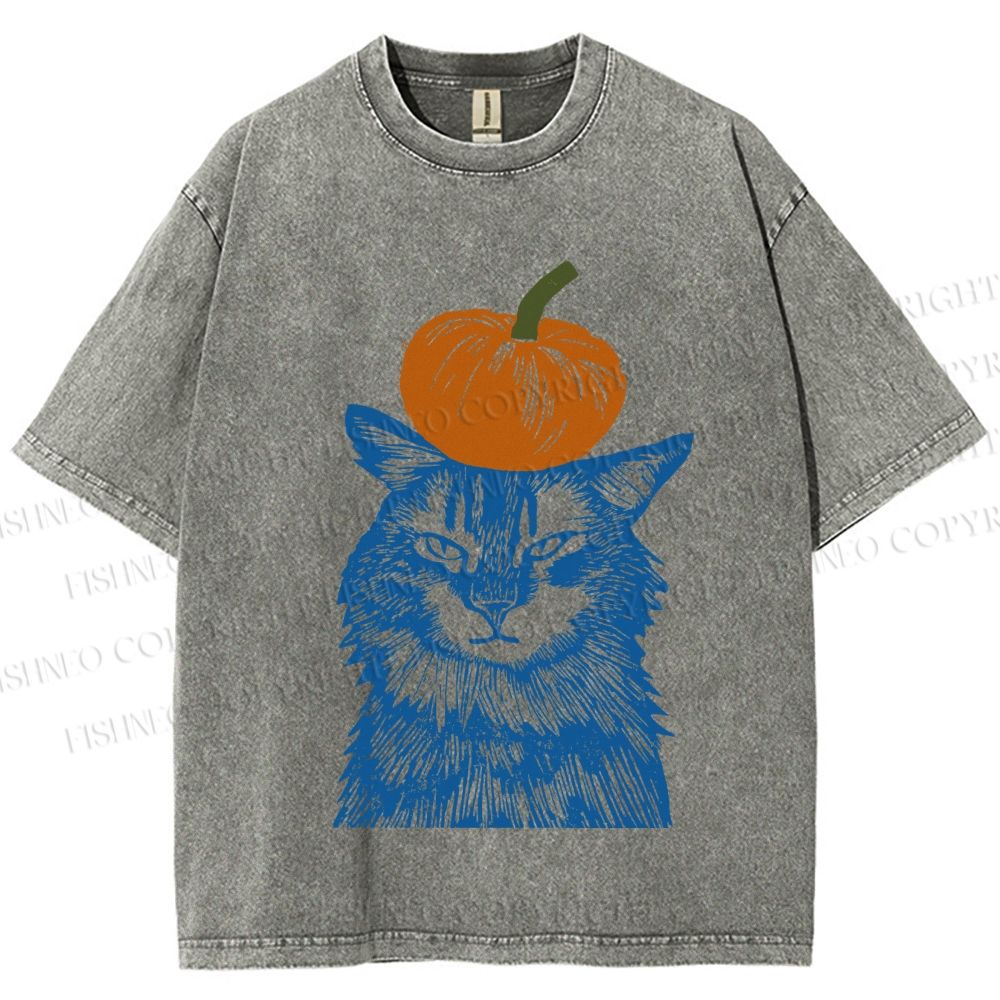 Unisex Vintage Cat Pumpkin Printed Washed Tee