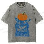 Unisex Vintage Cat Pumpkin Printed Washed Tee