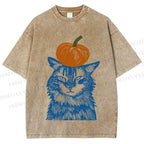 Unisex Vintage Cat Pumpkin Printed Washed Tee