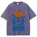 Unisex Vintage Cat Pumpkin Printed Washed Tee