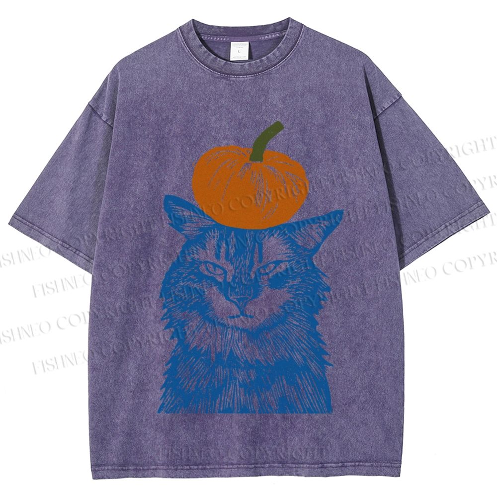 Unisex Vintage Cat Pumpkin Printed Washed Tee