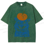 Unisex Vintage Cat Pumpkin Printed Washed Tee