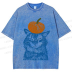 Unisex Vintage Cat Pumpkin Printed Washed Tee