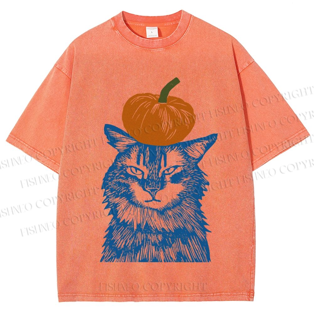 Unisex Vintage Cat Pumpkin Printed Washed Tee